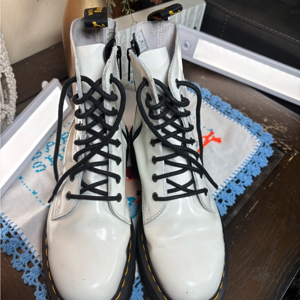 Dr. Martens Glossy White Moto Boots with Black Accents